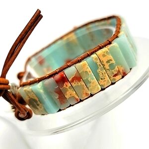 Adjustable Agalmatolite Natural Gemstone Boho Ethnic Genuine Leather Bracelet